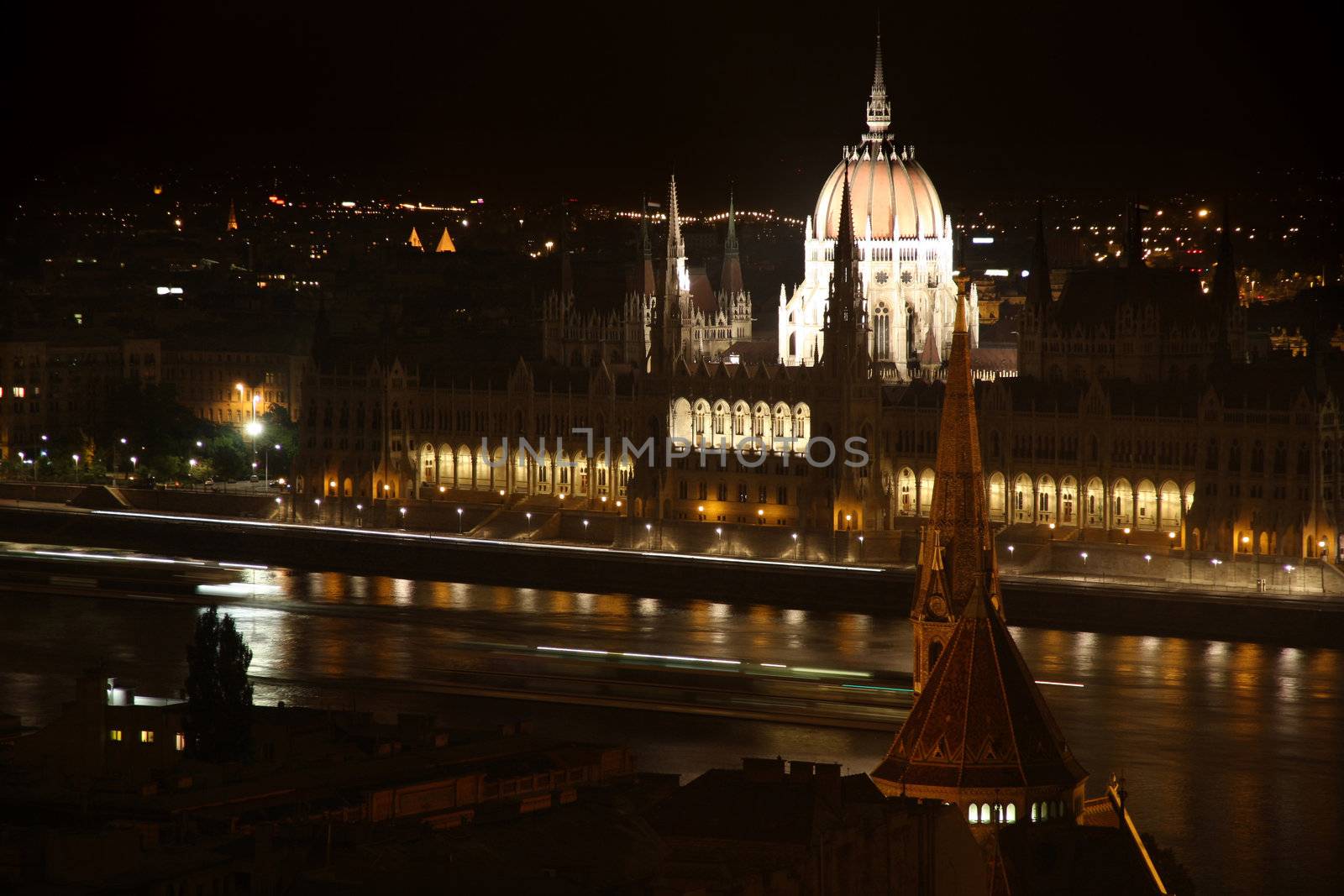 The parliament building at night in Budapest, Hungary