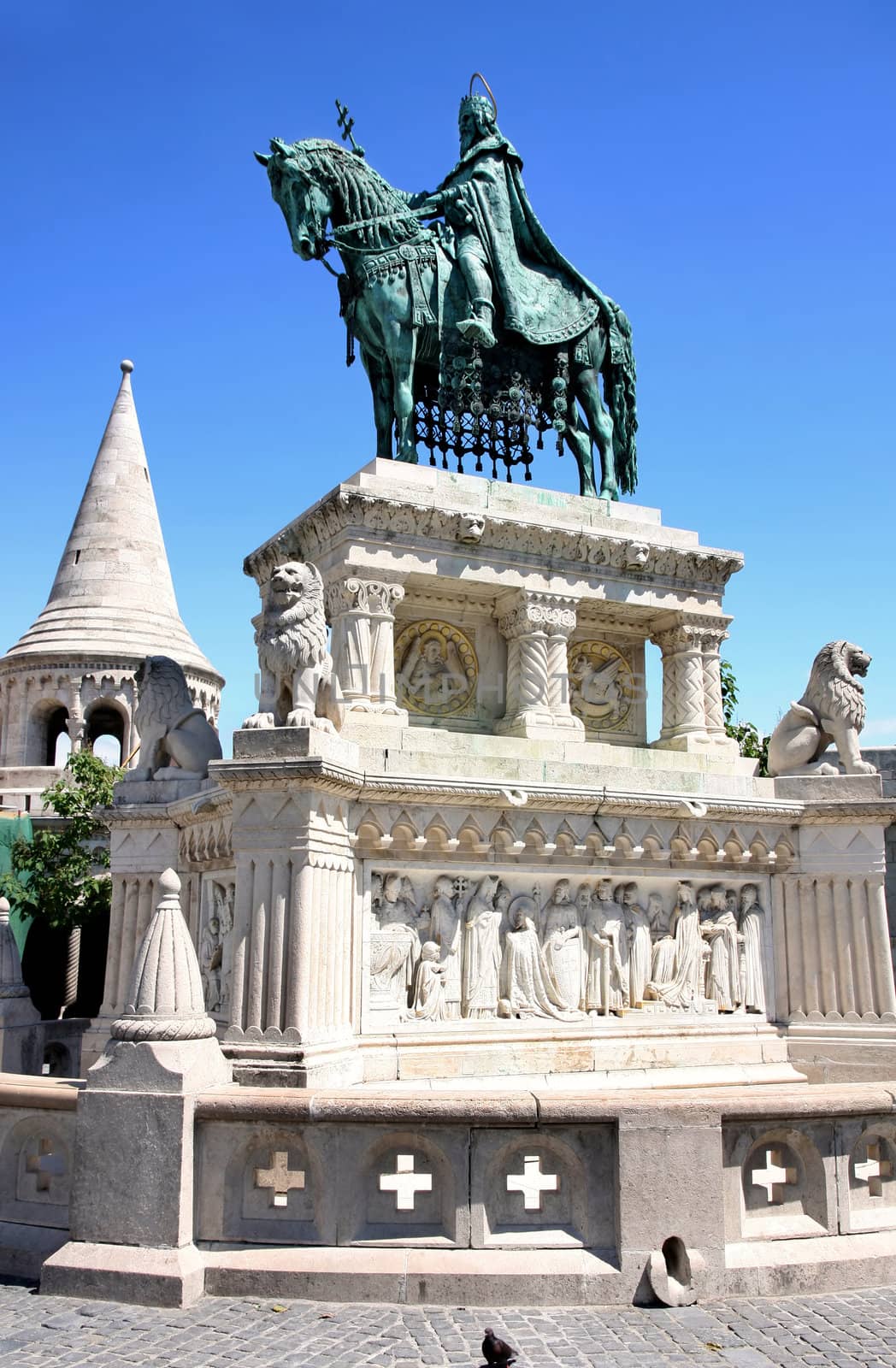 Saint Istvan statue and fisherman's bastion in Budapest, Hungary