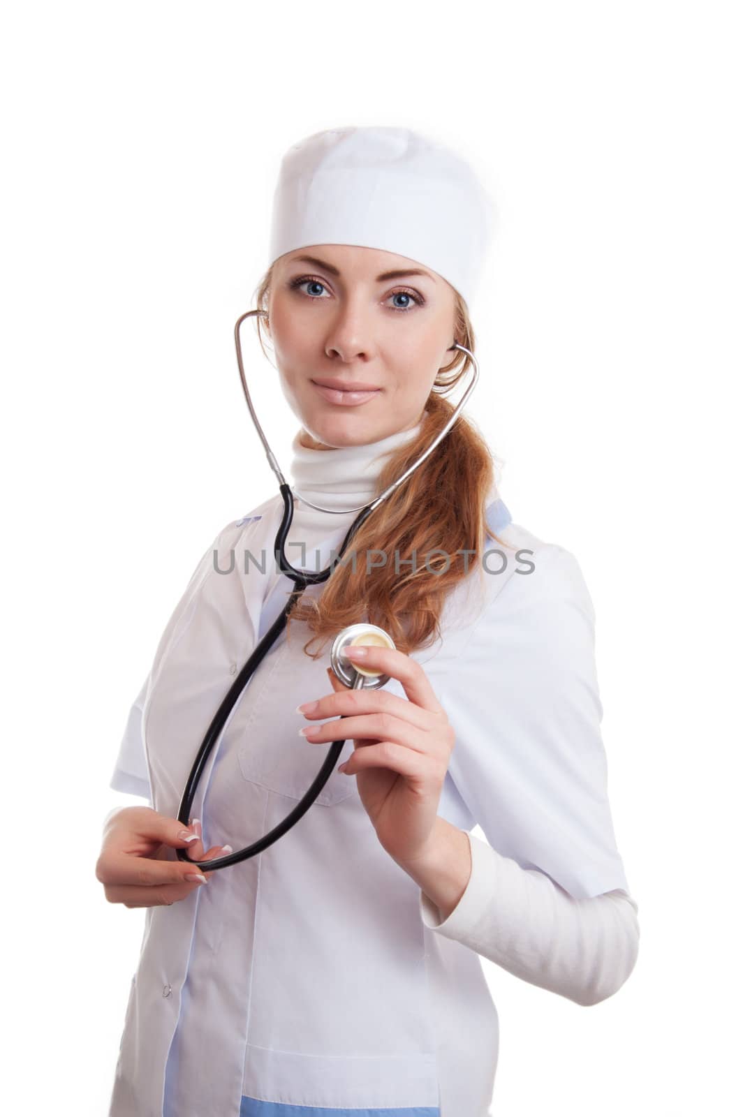 Pretty medical doctor woman with stethoscope isolated on white