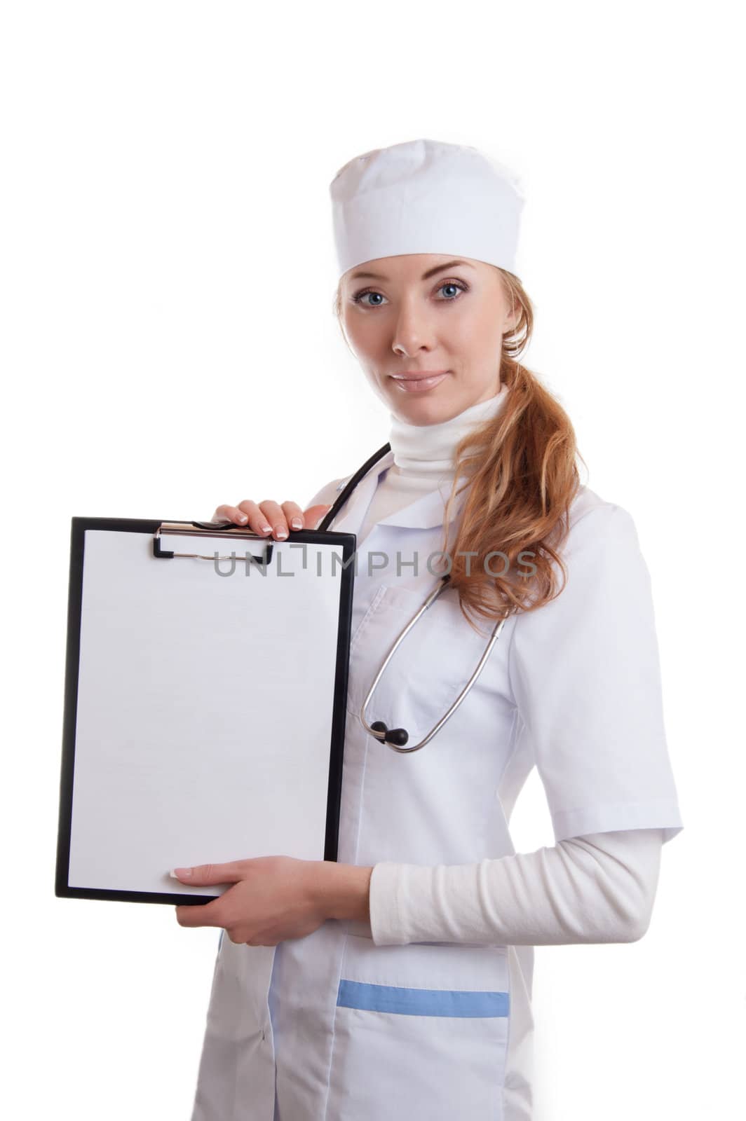 Medical doctor woman with stethoscope and papers with copyspace isolated over white background