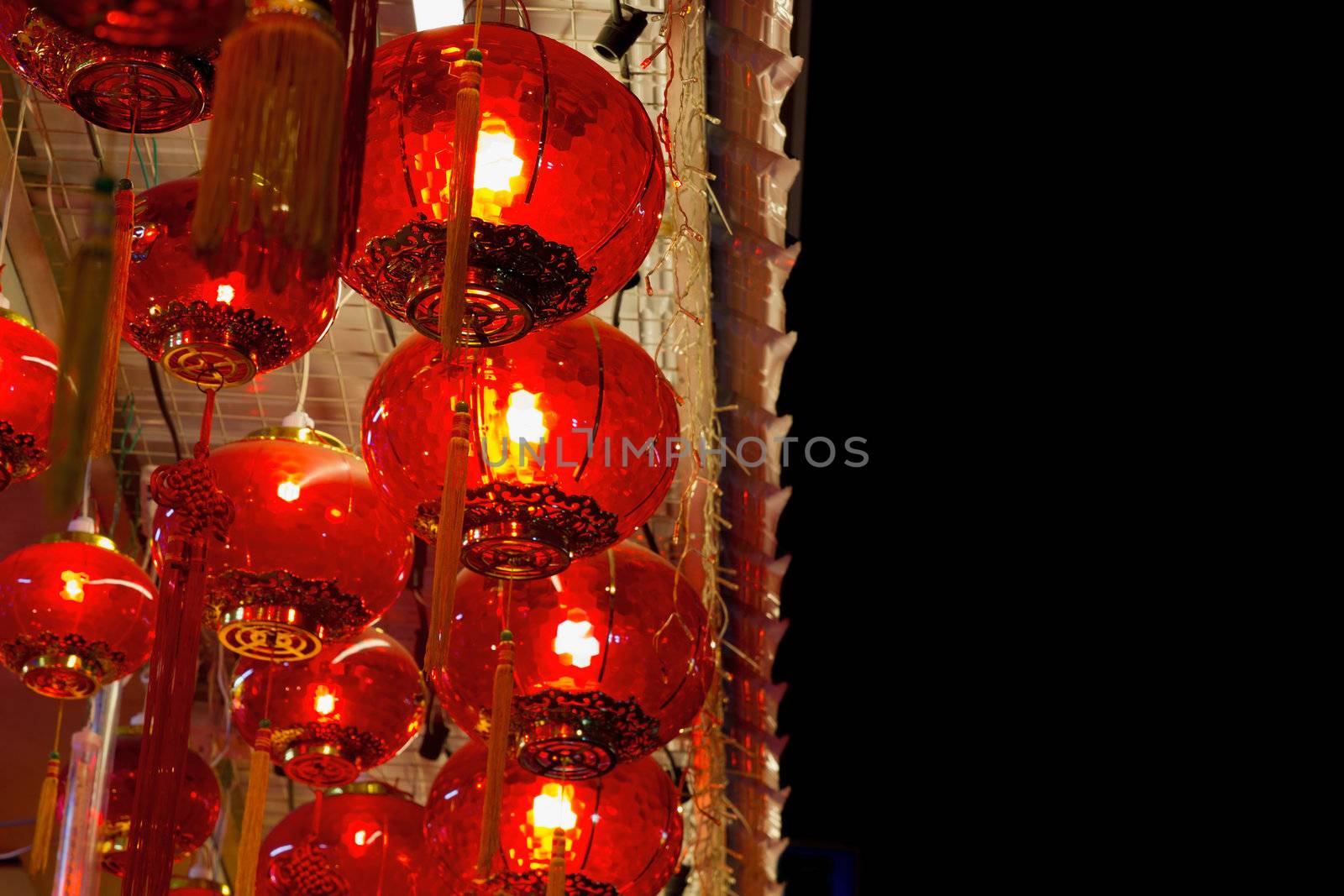 Red Lanterns Hanging on Ceiling in Chinatown by jpldesigns