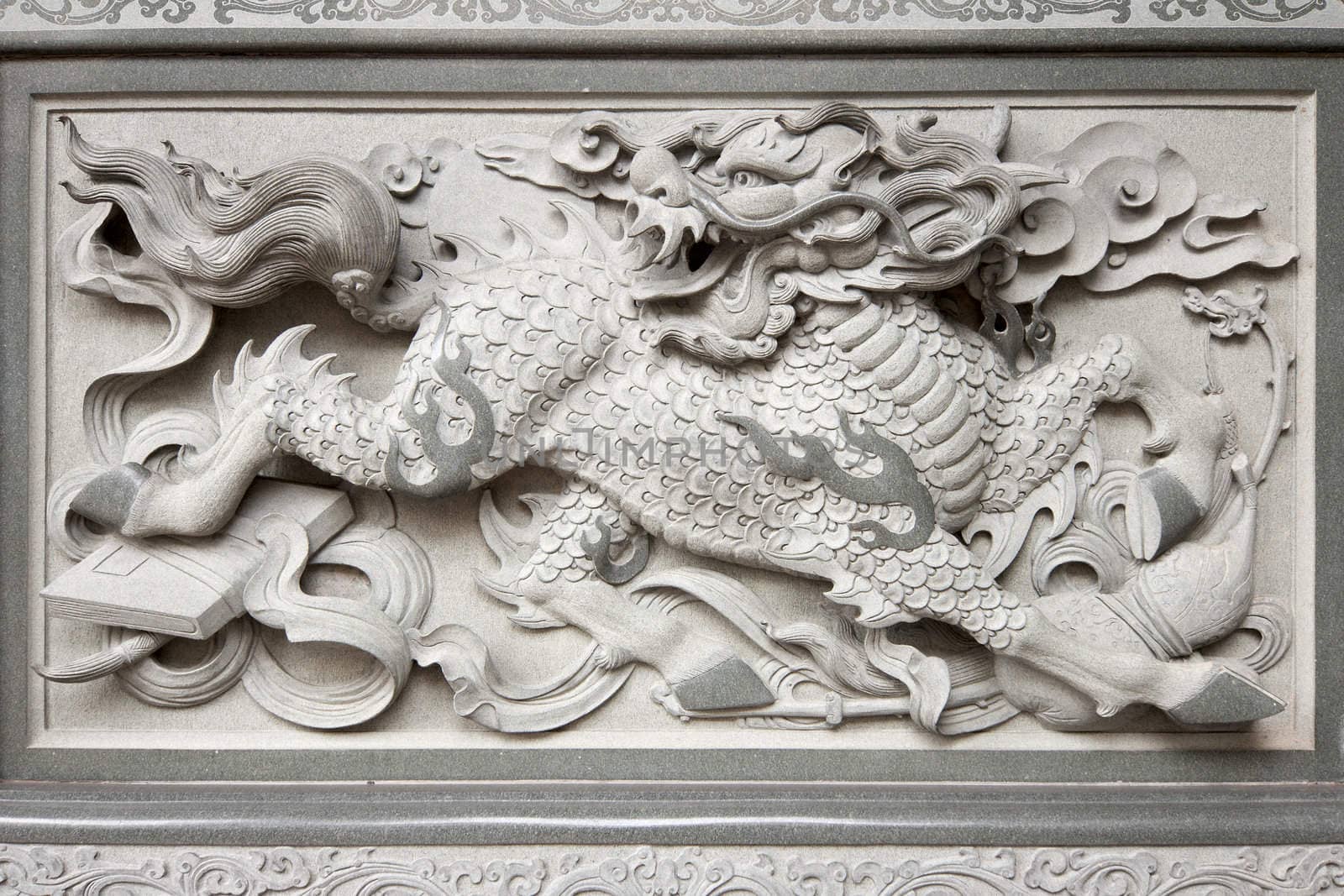 Stone Carving of Qilin on Chinese Temple Wall by jpldesigns