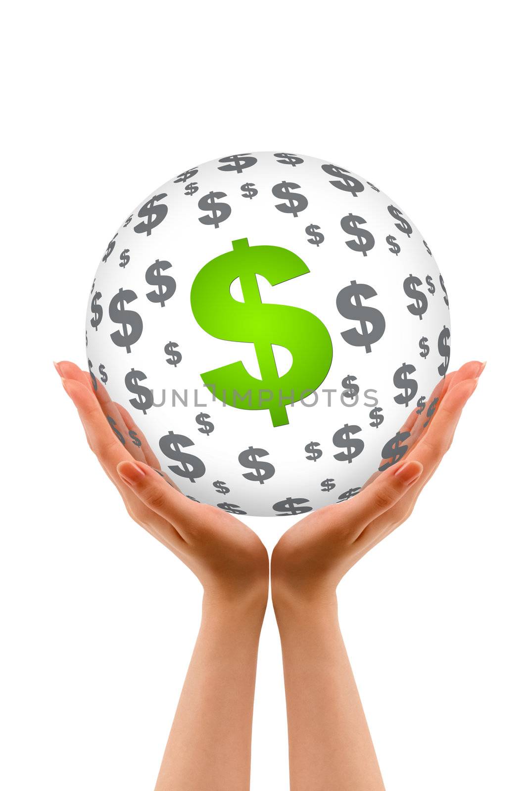 Hands holding a Dollar Sphere sign on white background.