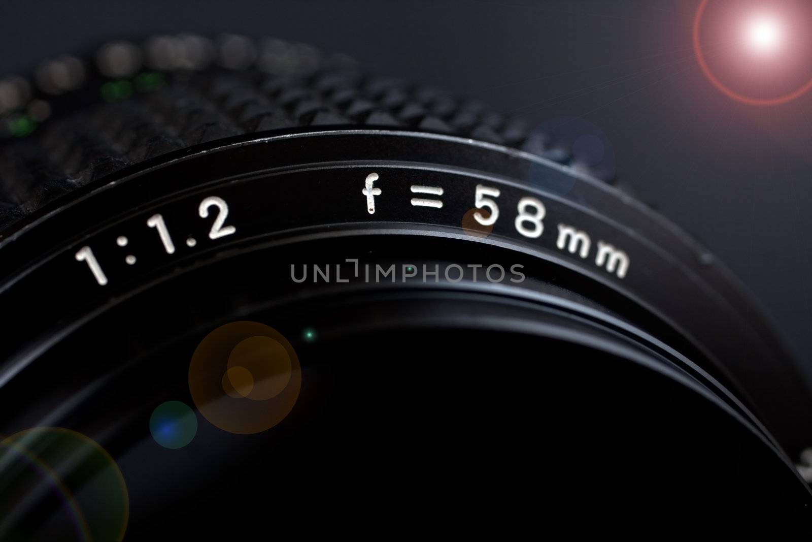 58mm 1.2 lens closeup with flare on black background