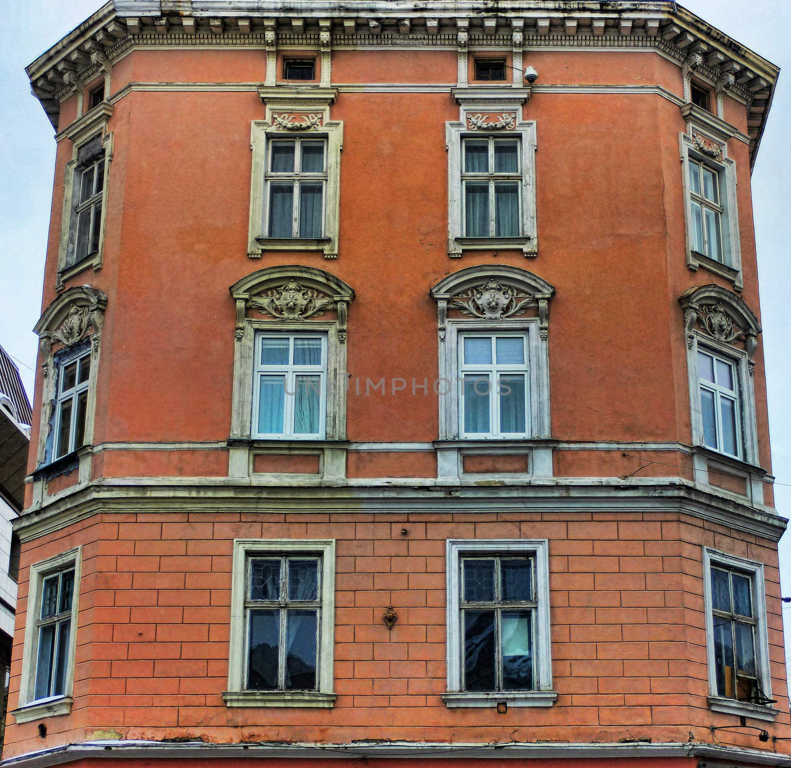Fragment of a red brick house in Lviv historical Center