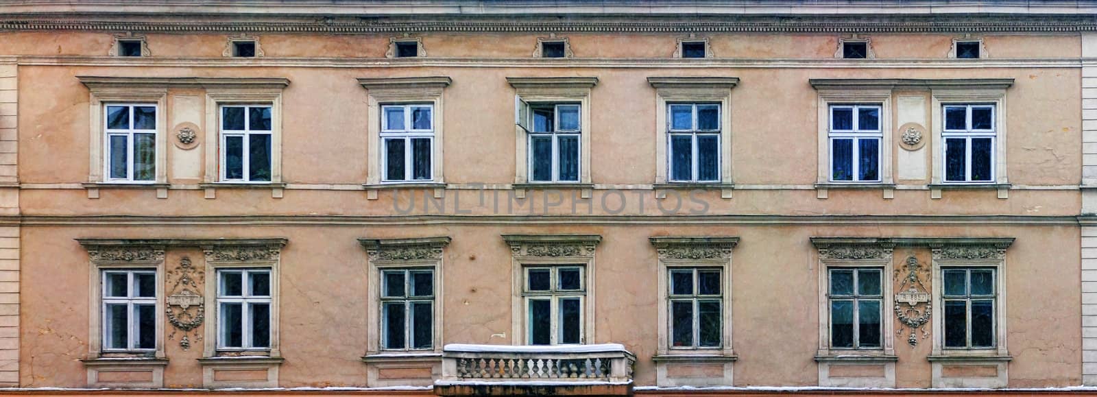 Wooden windows in old building in  Lviv (Ukraine)