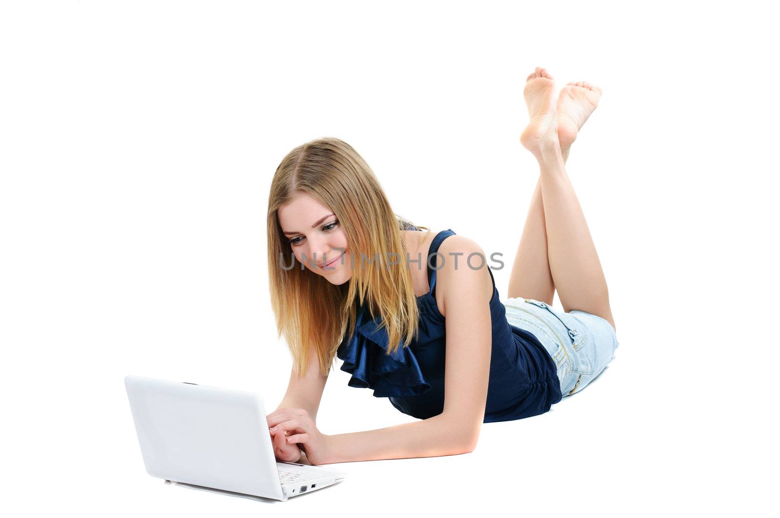 Girl with laptop isolated on white