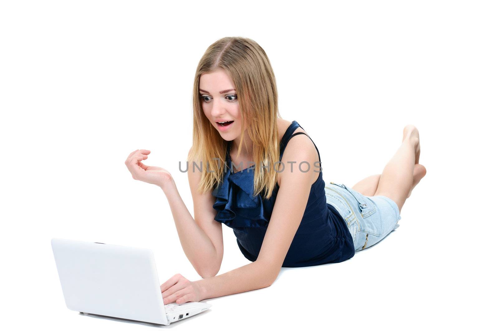 Beautiful young girl with laptop on white background by Draw05