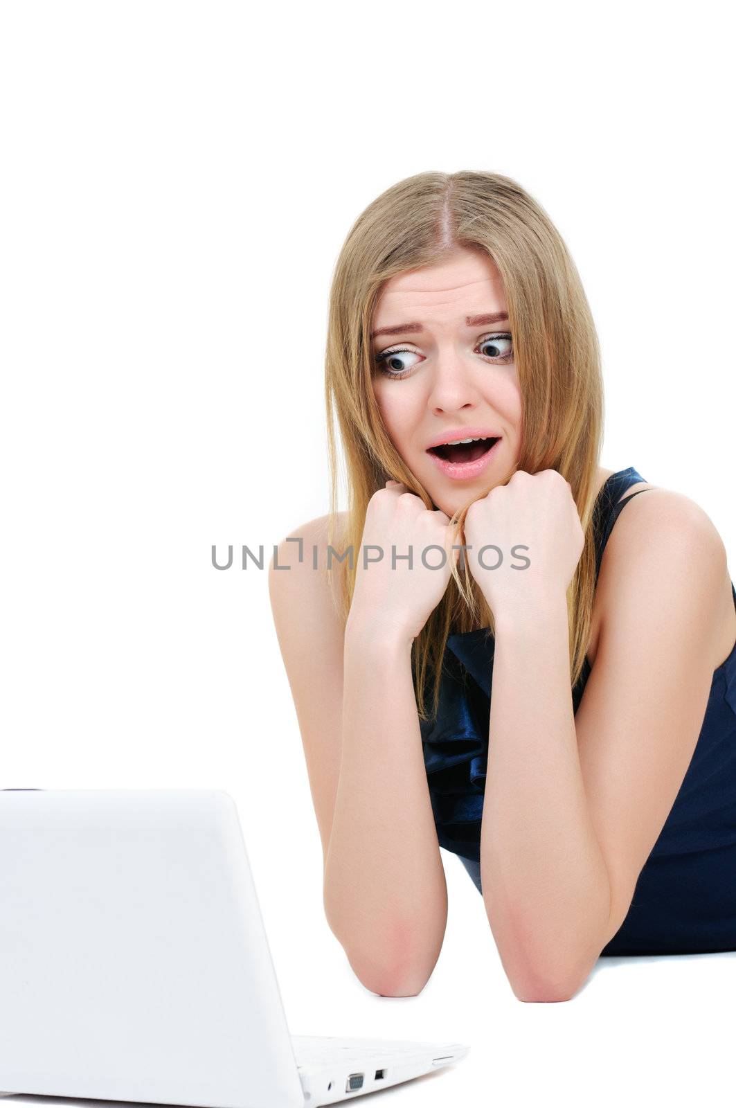 beautiful young girl with laptop isolated on white background