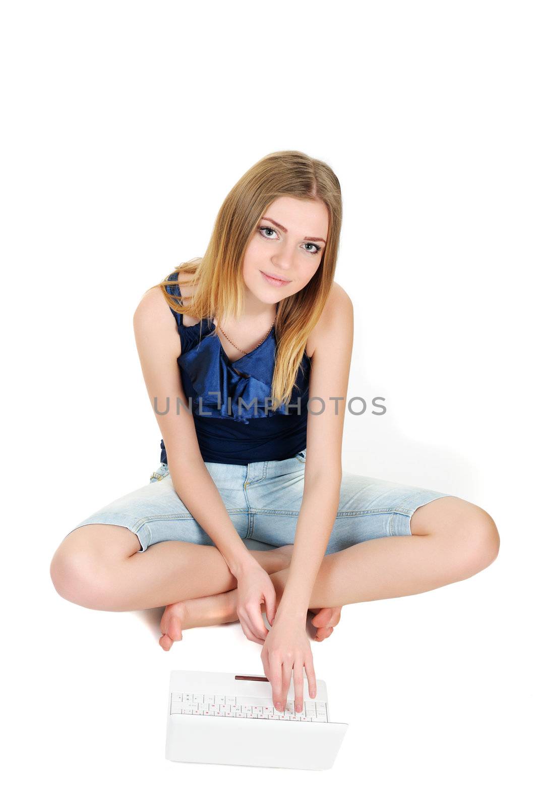 beautiful young girl working isolated on white background
