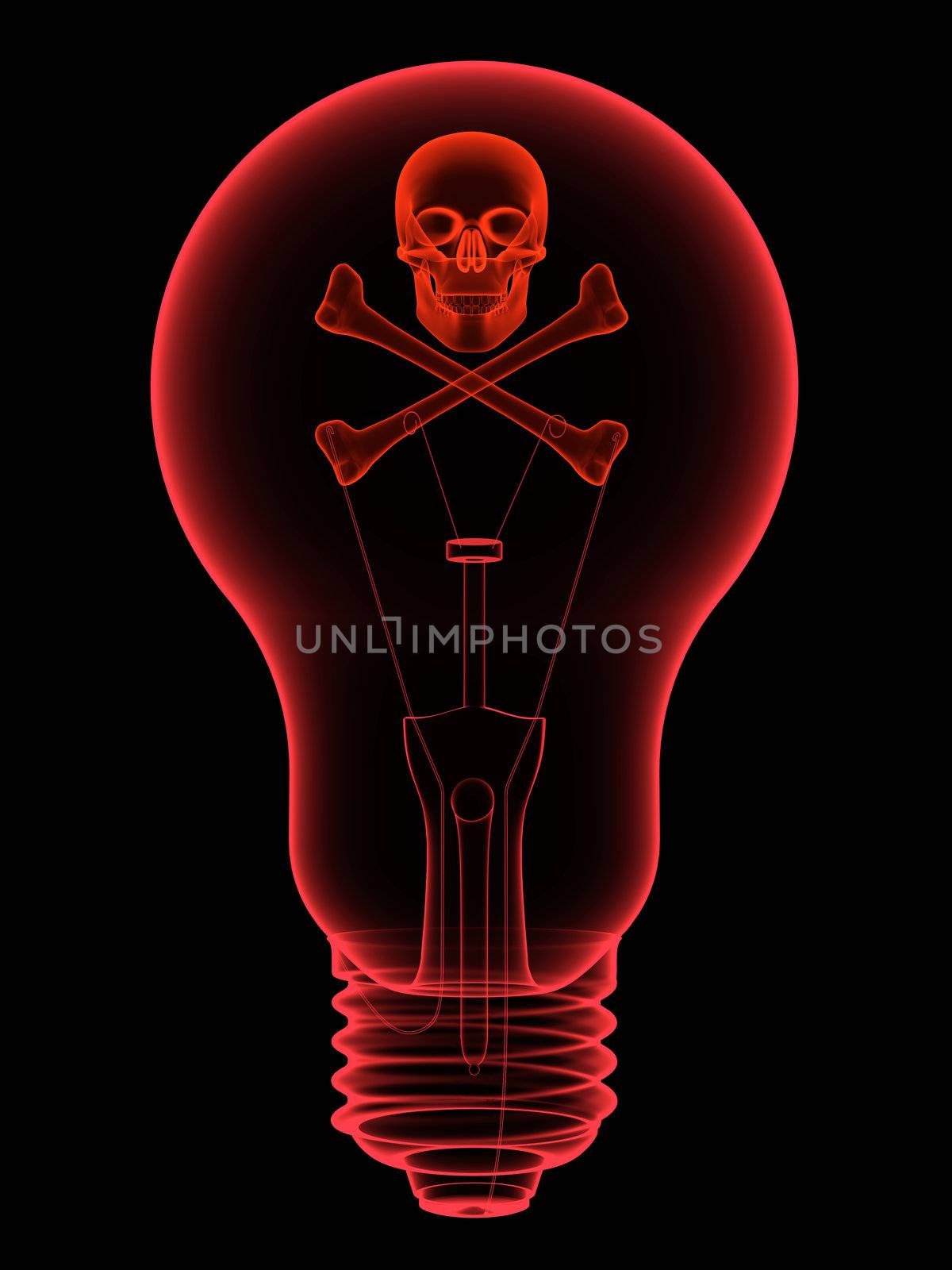 Red lightbulb with skull and crossbones x-ray silhouette on black. High resolution 3D image