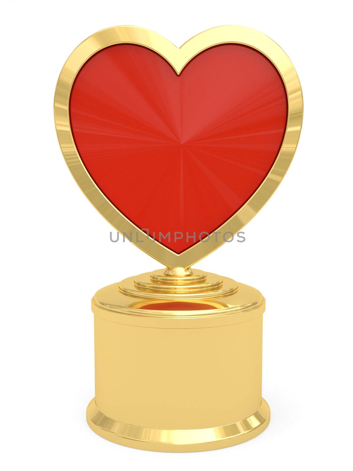 Golden heart shaped prize on white background. High resolution 3D image