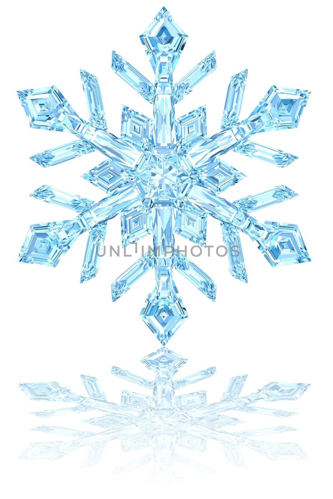 Light blue crystal snowflake on glossy white background. High resolution 3D image