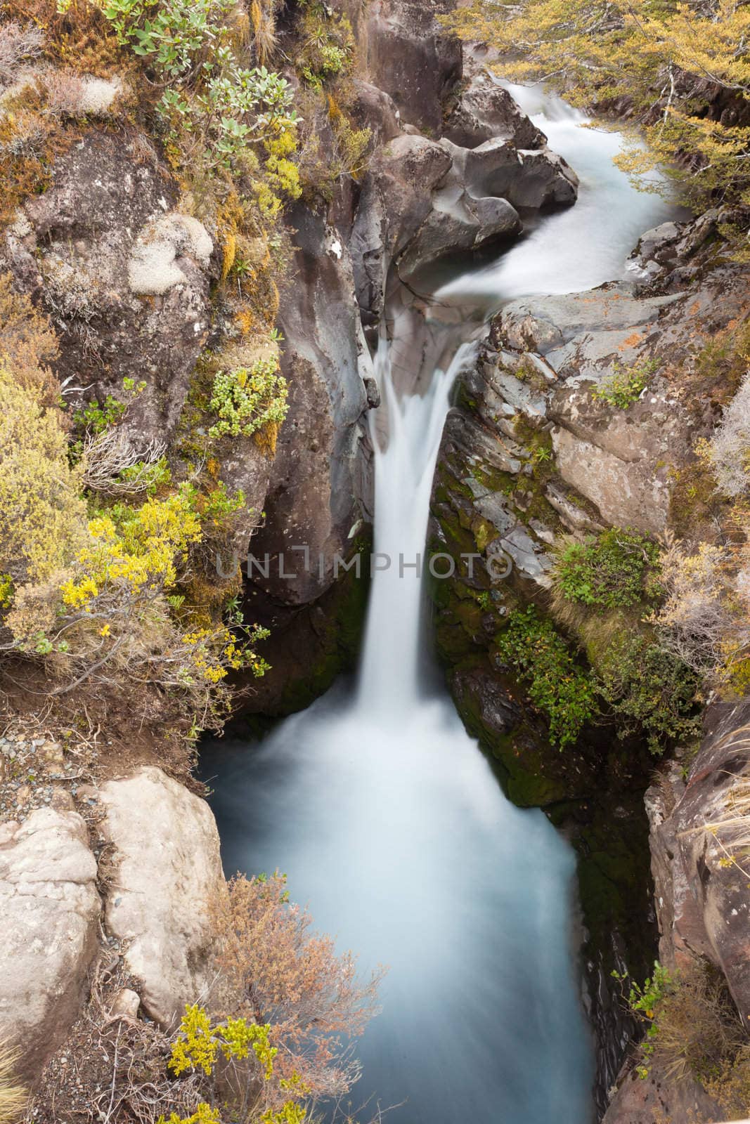 One of many waterfalls on volcano Mount Ruapehu in Tongariro National Park North Island New Zealand