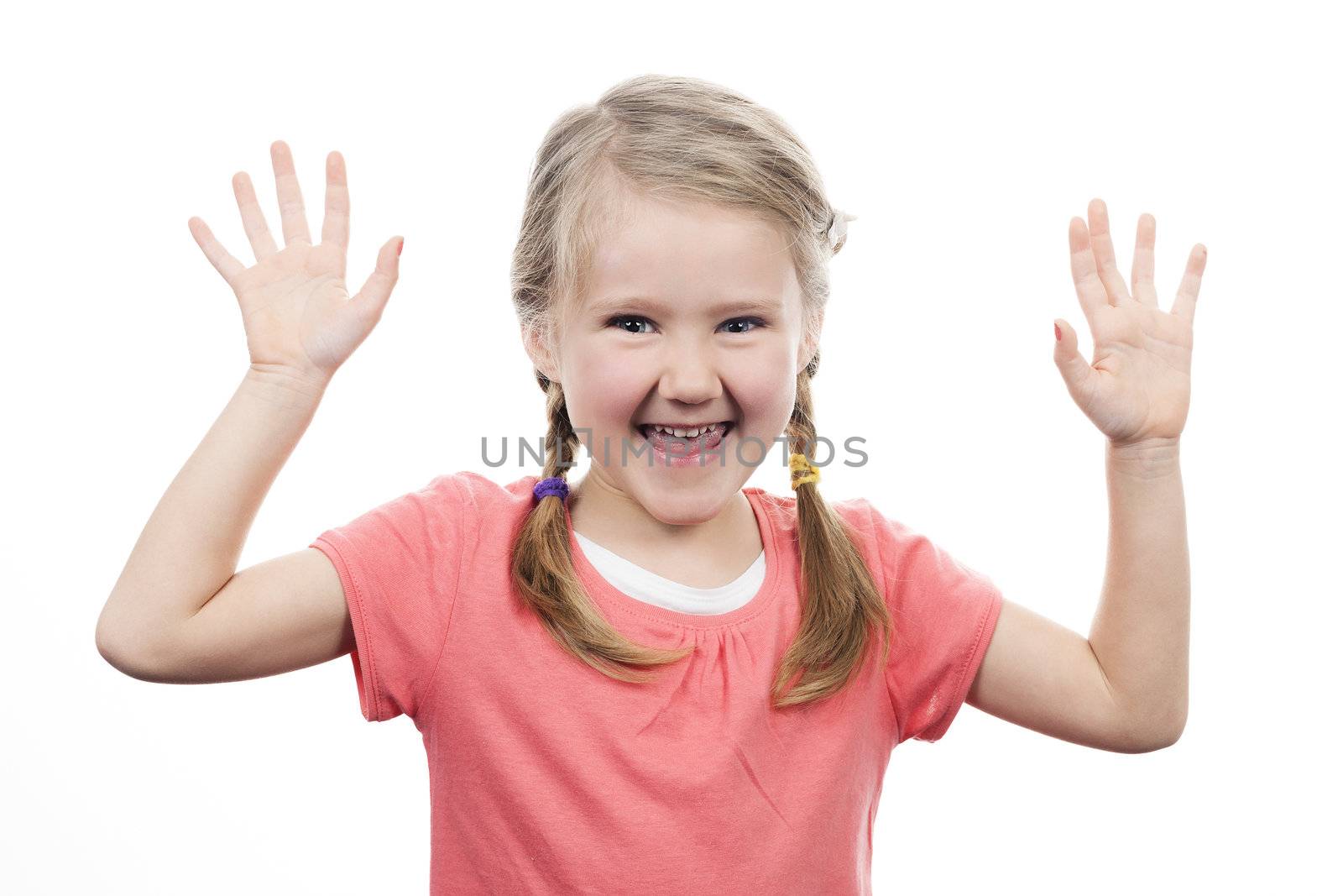 girl showing her hand up, isolated on white 