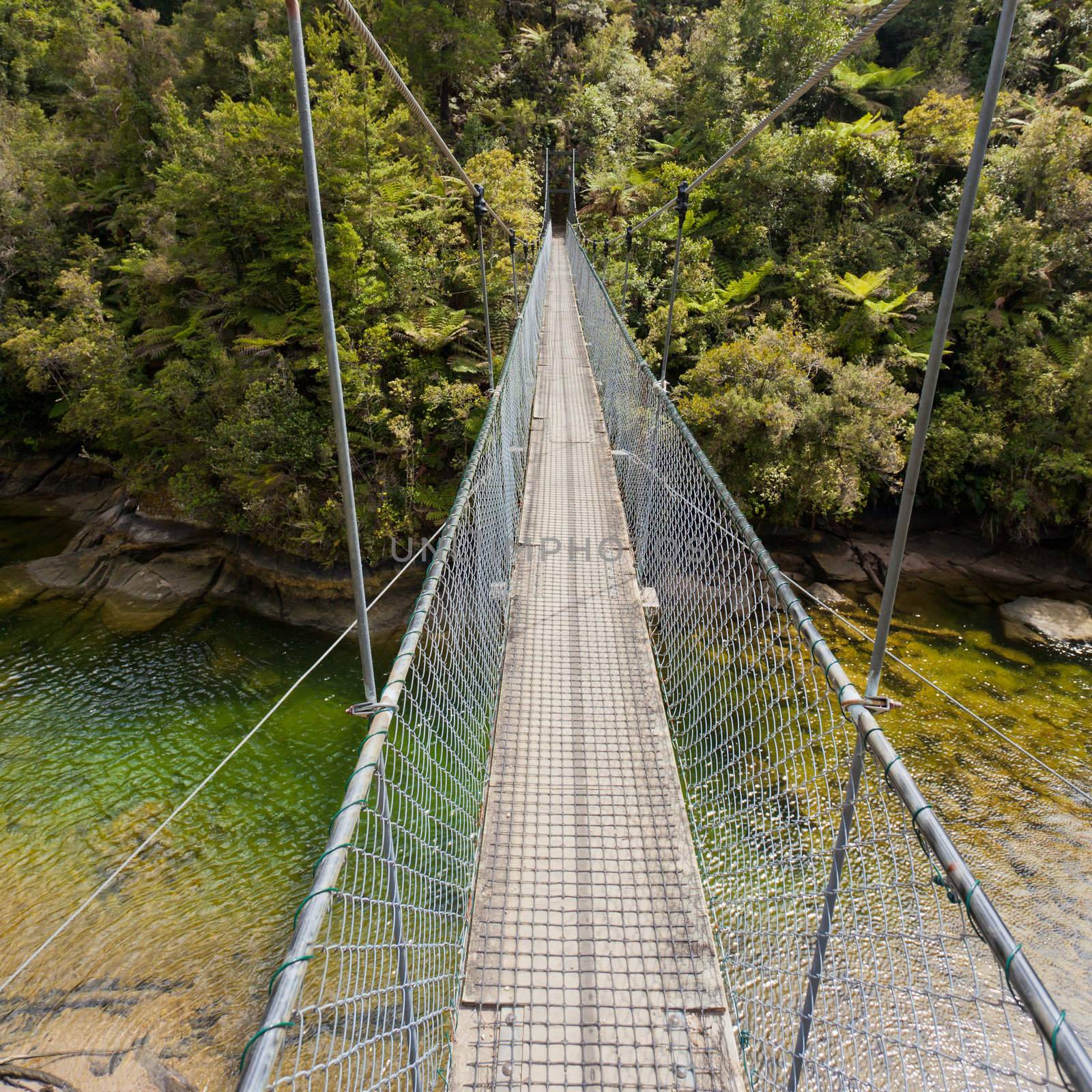 Simple suspension swing bridge crossing over rocky river ending in dense lush green jungle vegetation of Abel Tasman National Park South Island New Zealand