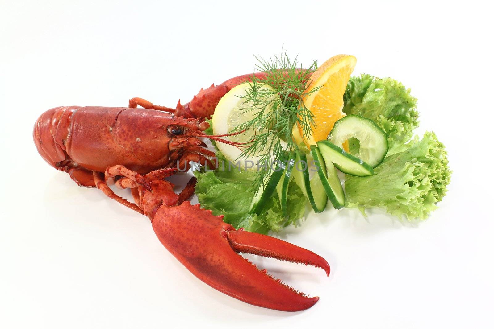 a lobster with salad, orange and cucumber