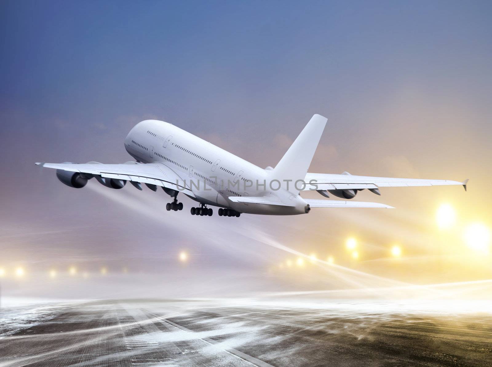 airport and white plane at non-flying weather, blowing snow