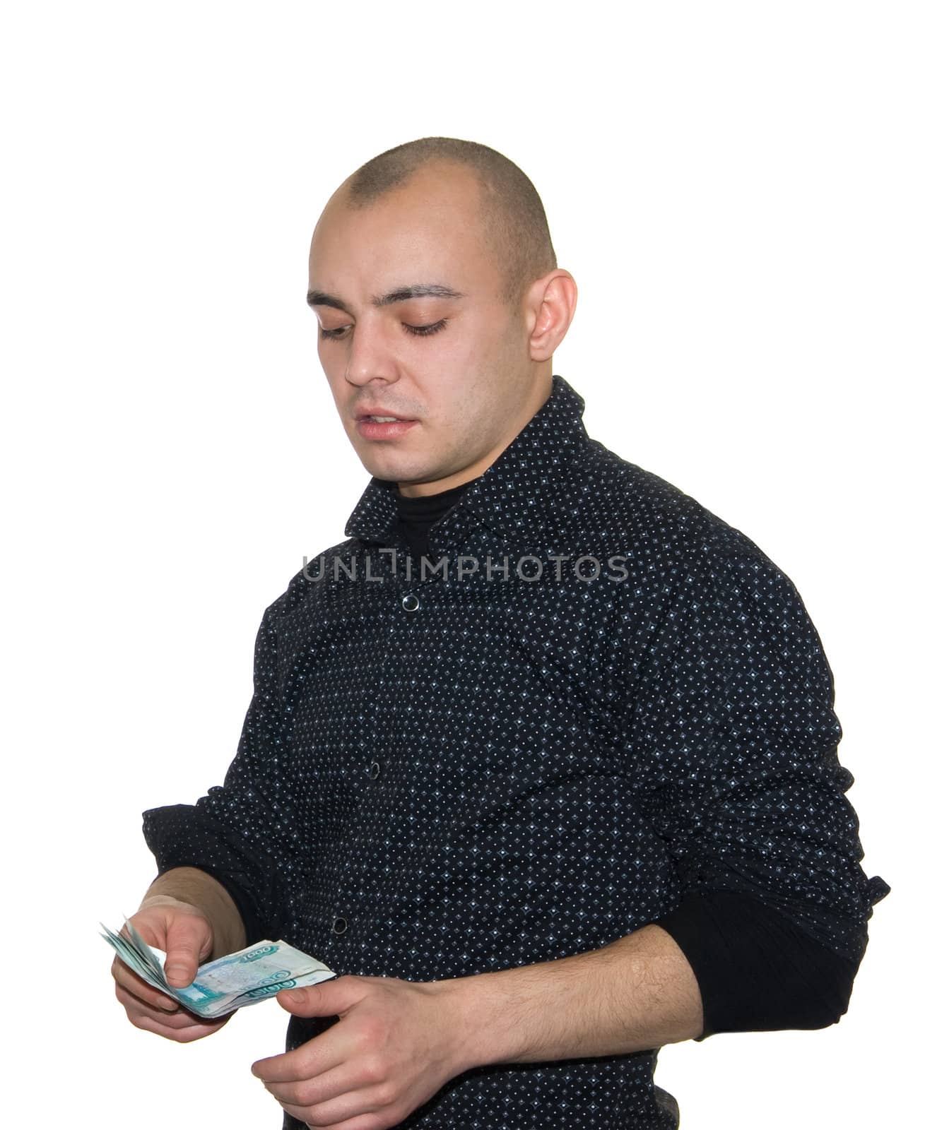 The young man with money for a white background