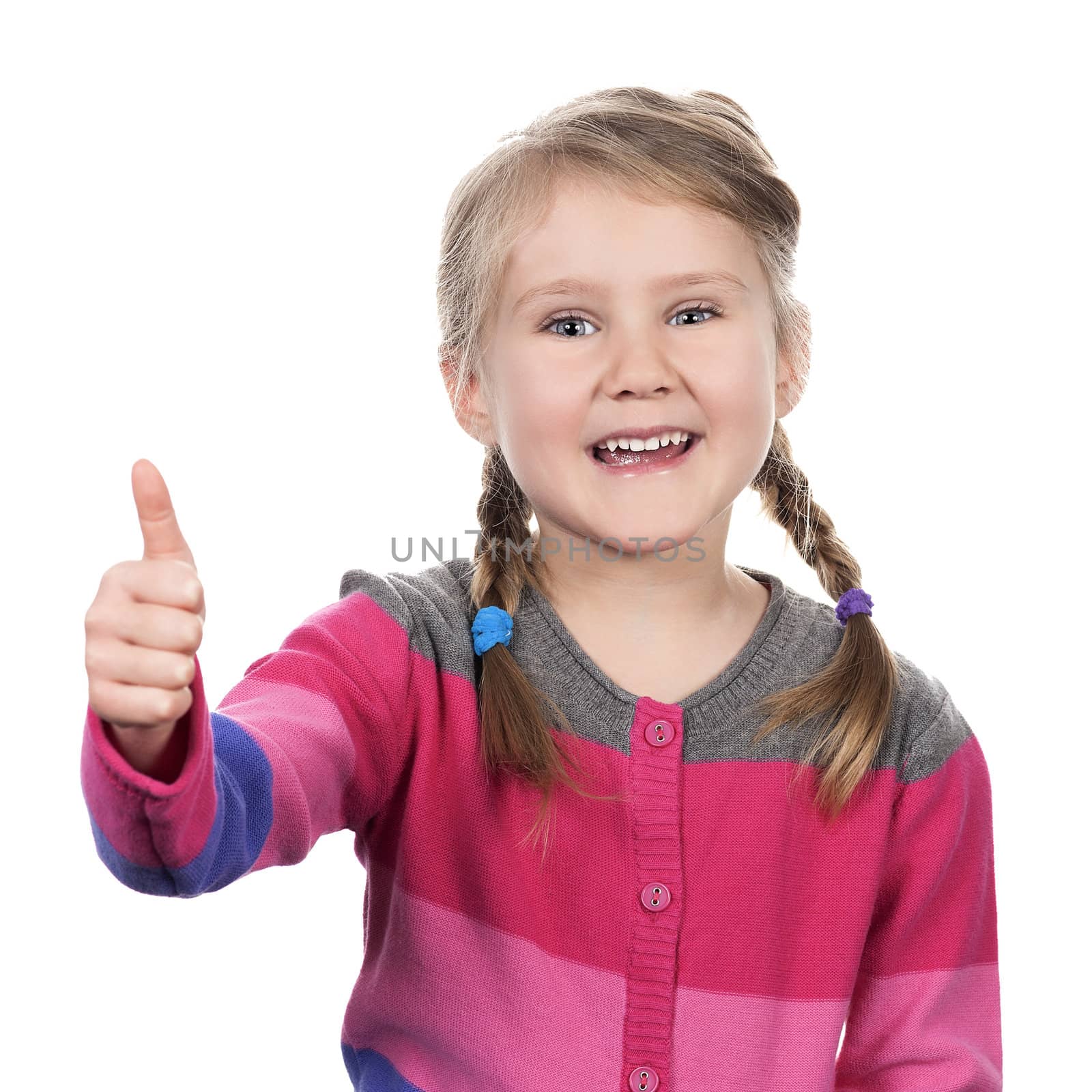 Portrait of a girl showing thumb up on white background