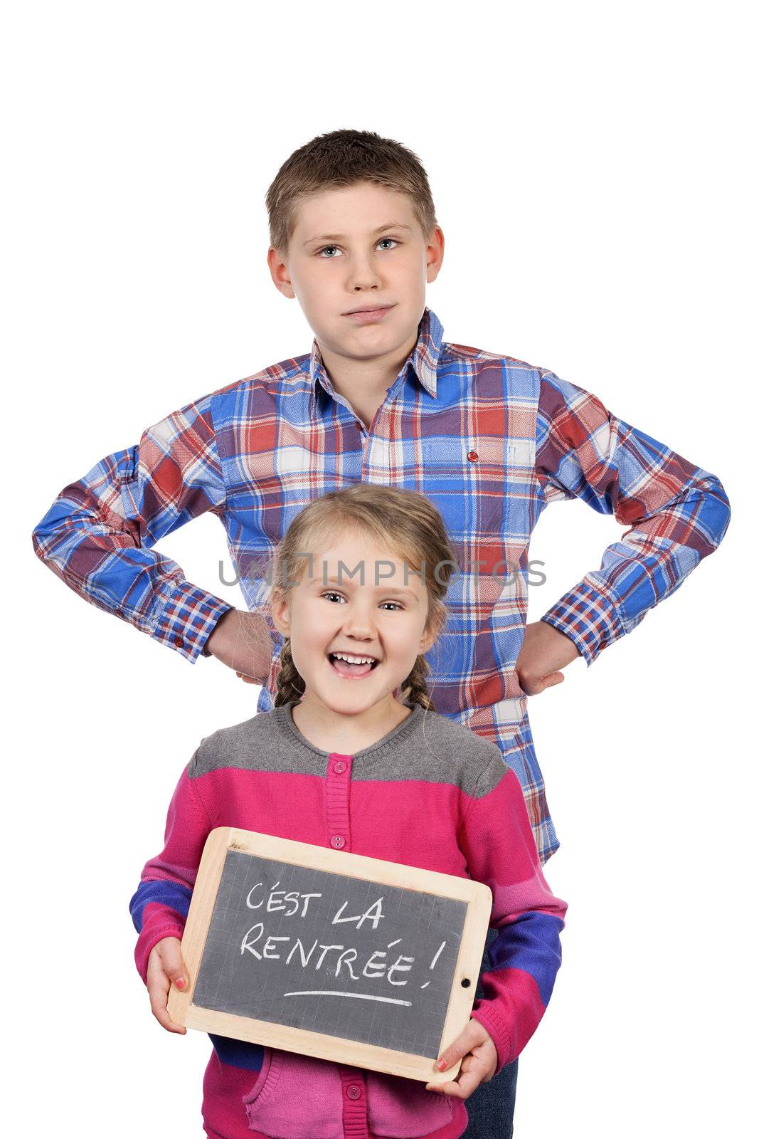 Happy children holding slate