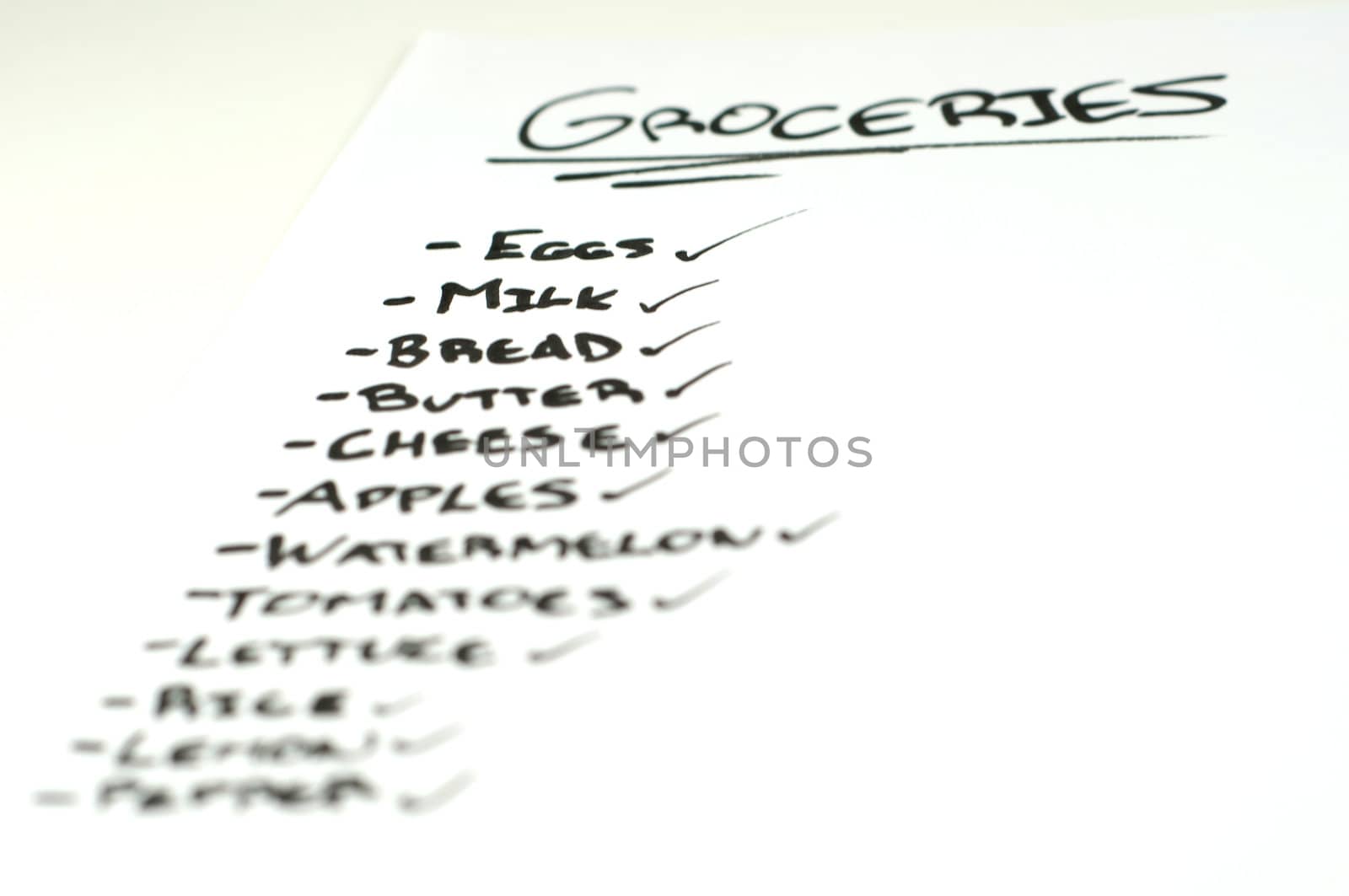 A groceries list over a white background.