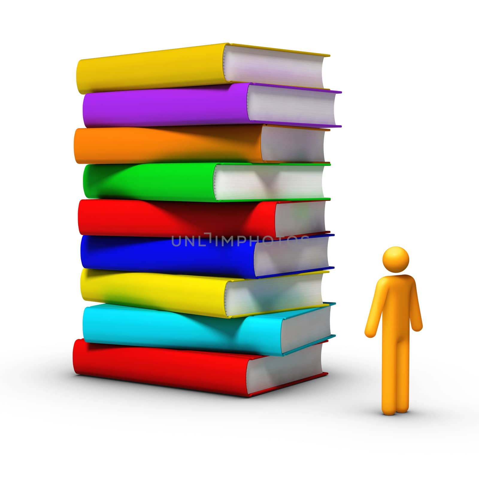 3D rendered stick figure front of books.