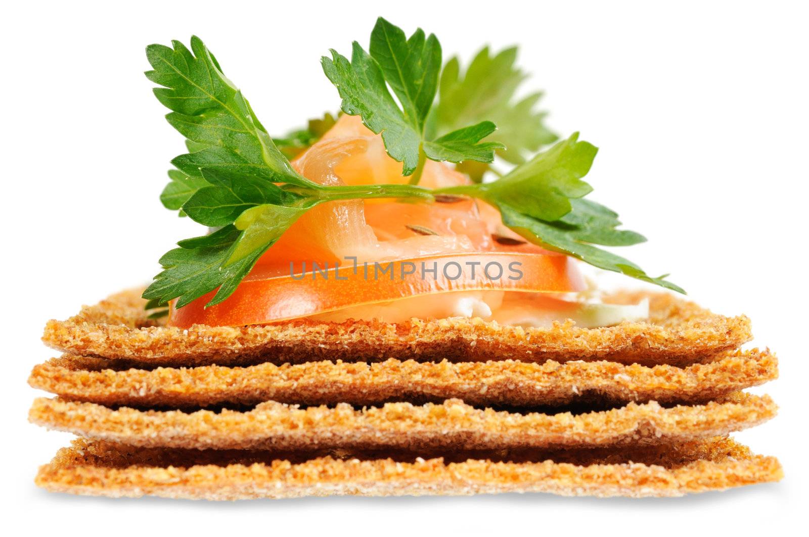 Snack. Bread with feta cheese and salmon. Isolated on white.