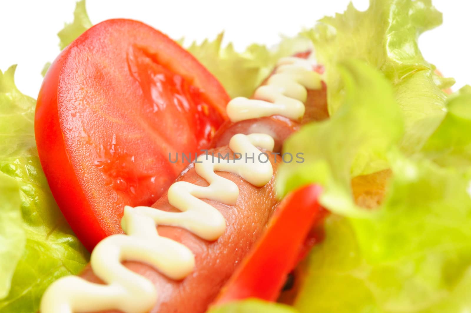 Tasty and delicious hotdog. Isolated on white.