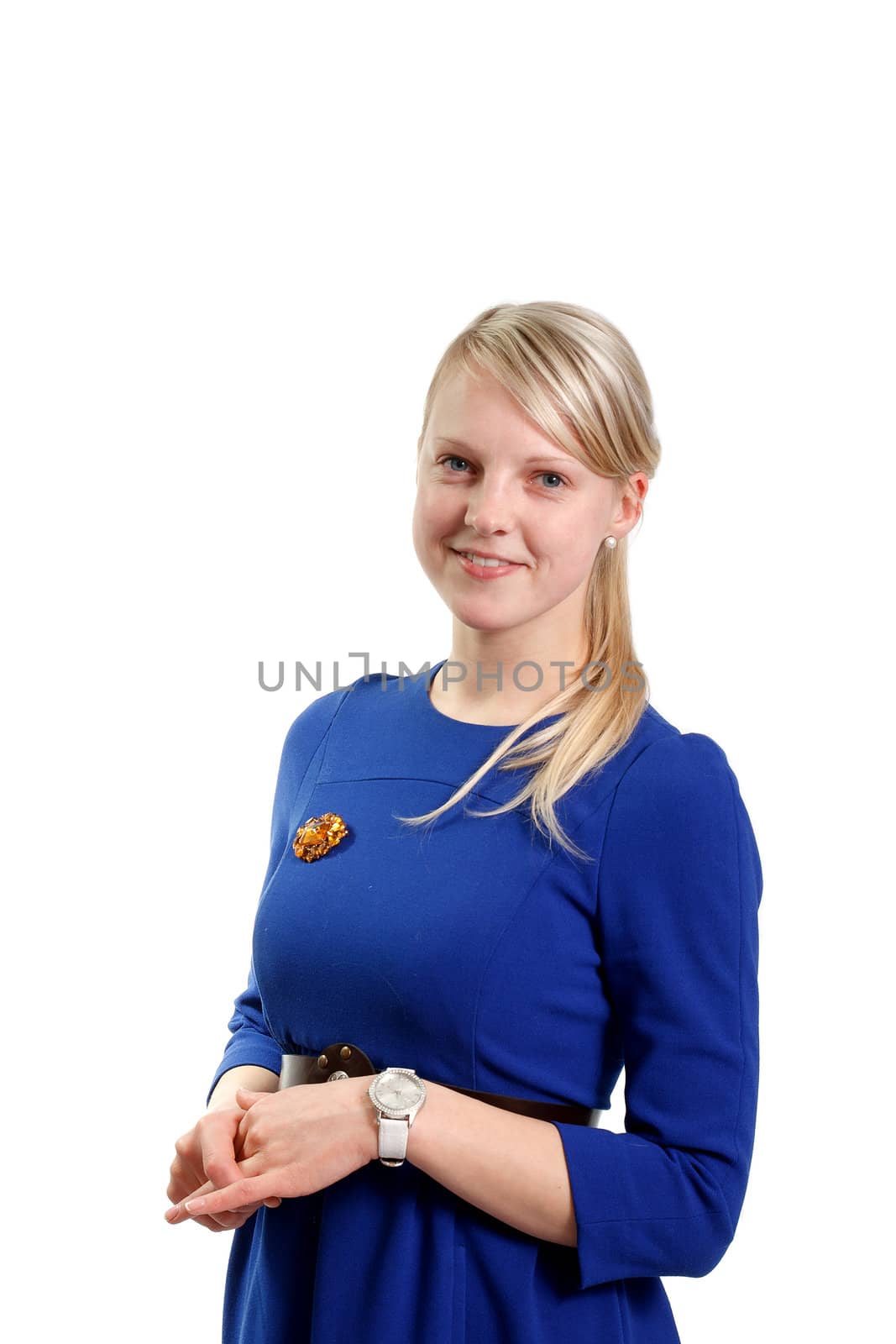 Real young smiling woman on white background
