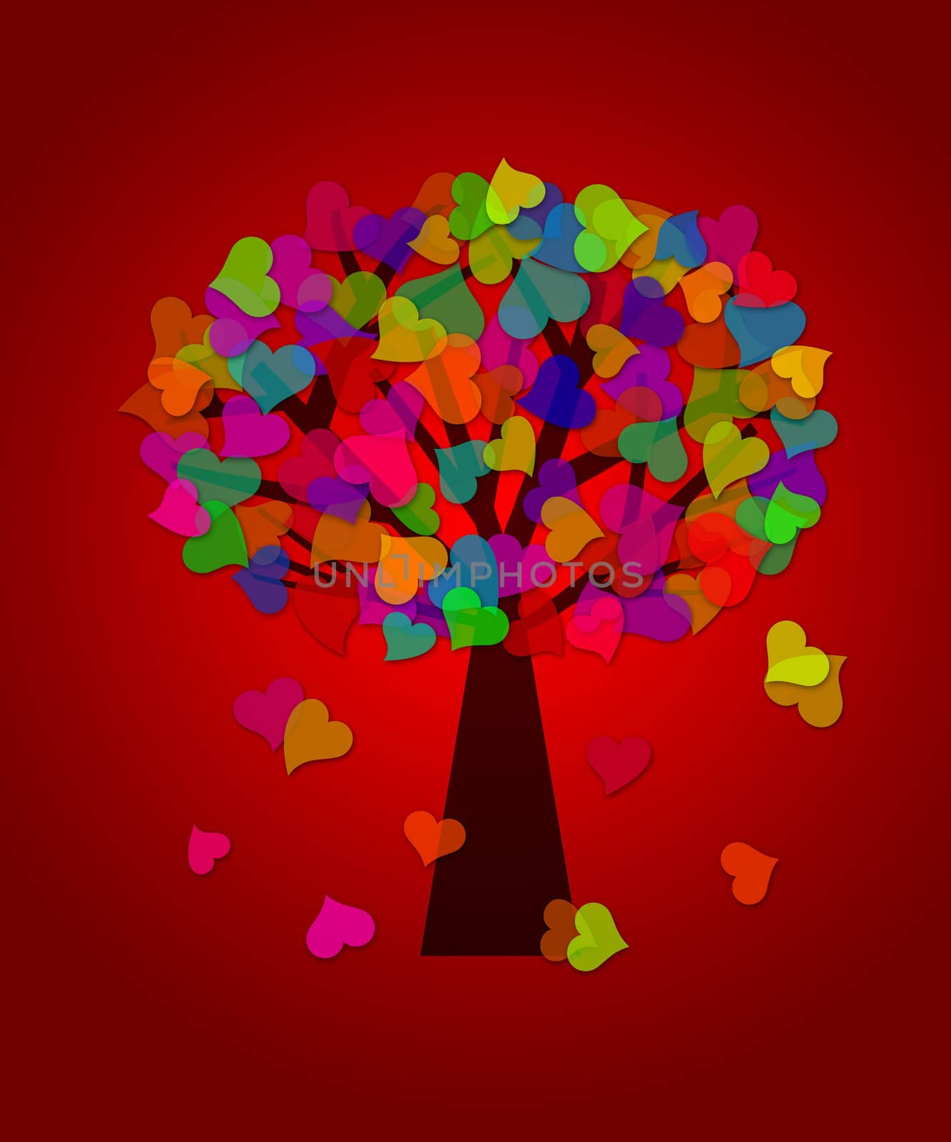 Colorful Valentines Day Heart Shape Leaves on Trees with Red Background Illustration