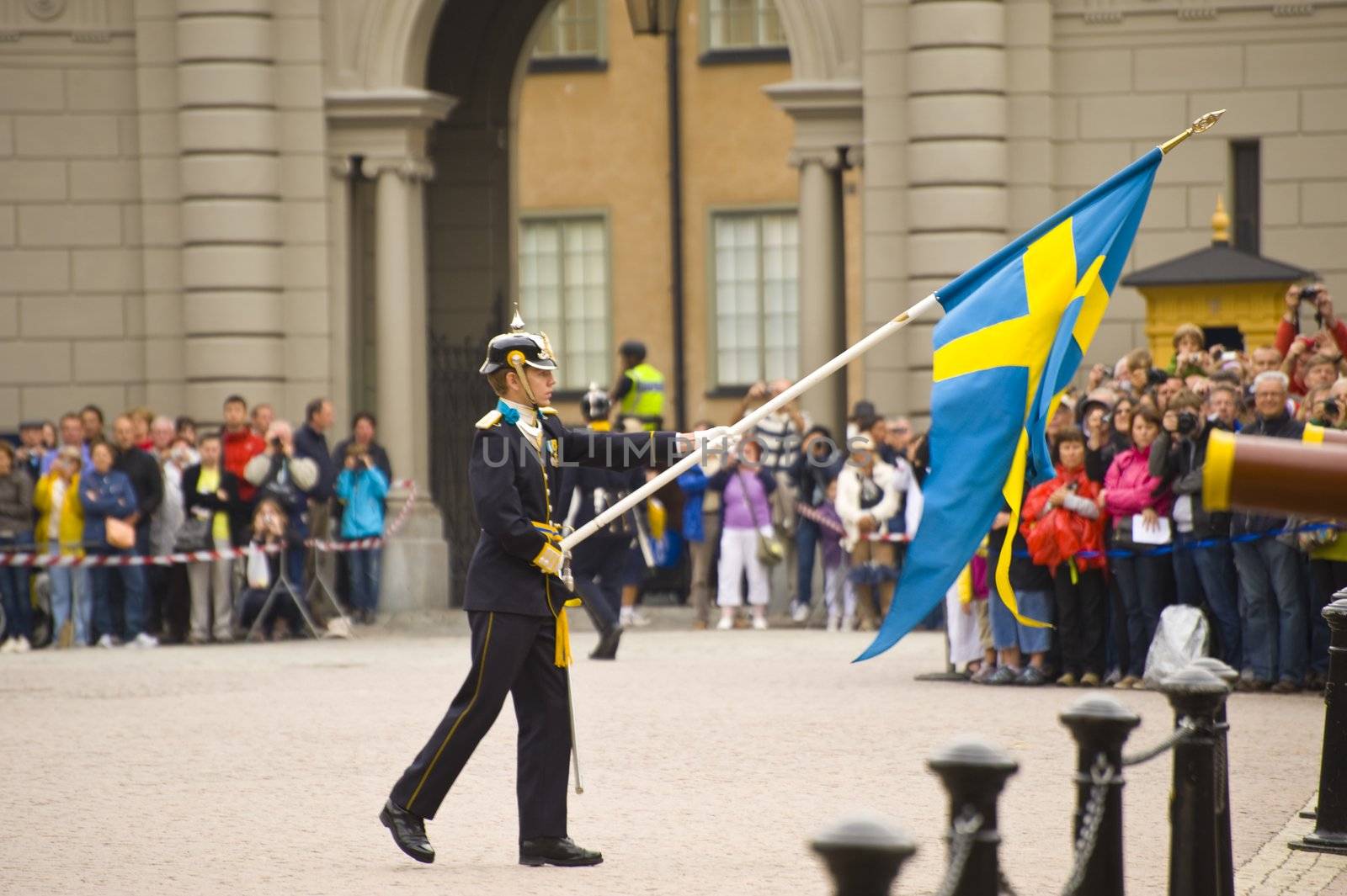 Relieved guard after the changing of the guards ceremony at the Royal Palace. The clear blue uniform is used solely by the soldiers of the Cavalry Battalion.