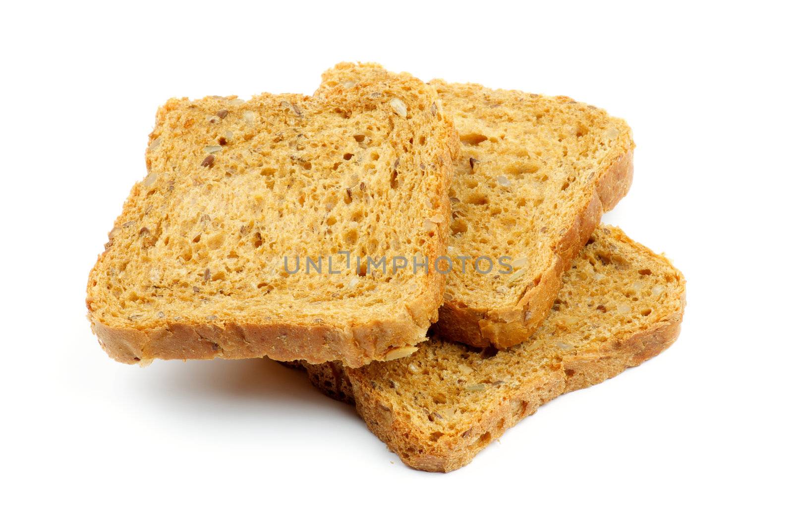 Three Slices of Brown Whole Wheat Bread with Seeds and Nuts isolated on white background