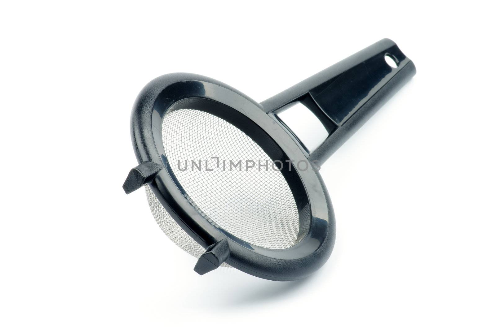 Black Colander with Stainless Steel Strainer isolated on white background