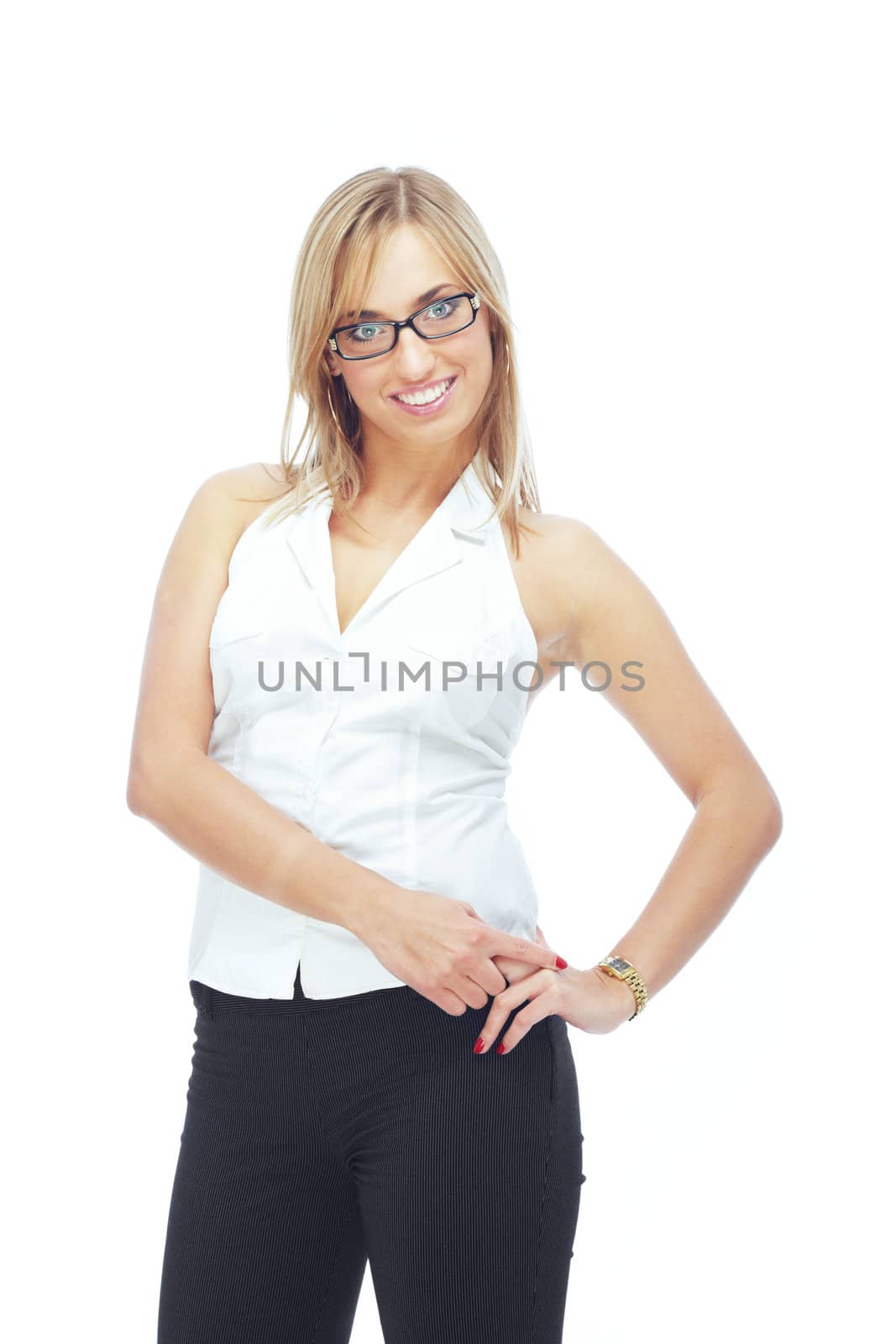 Natural beauty of the woman with eyeglasses on a white background