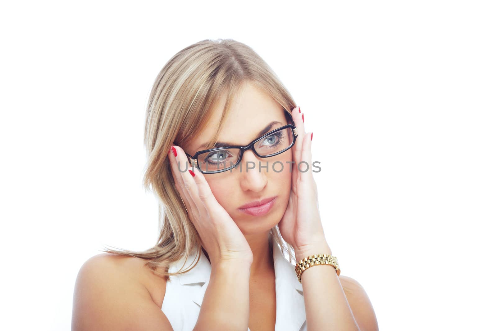 Close-up portrait of the businesswoman on a white background with spectacles