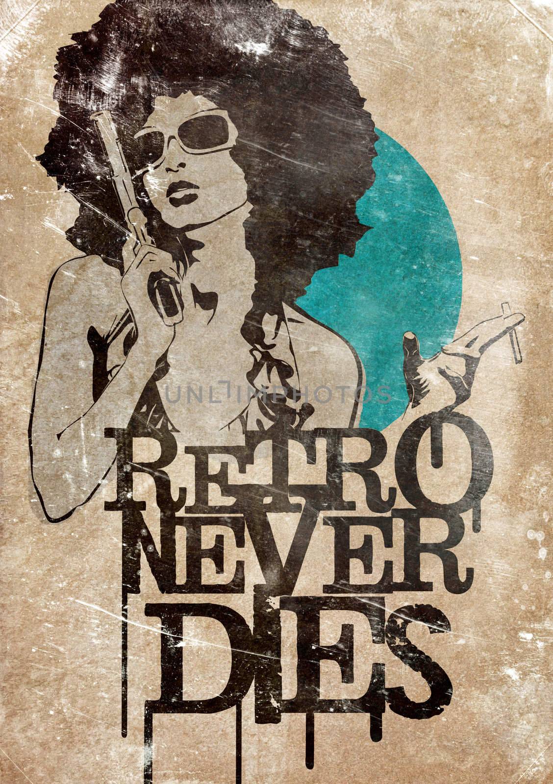 Illustration of a dangerous retro girl holding a gun and a cigarette, on old paper background