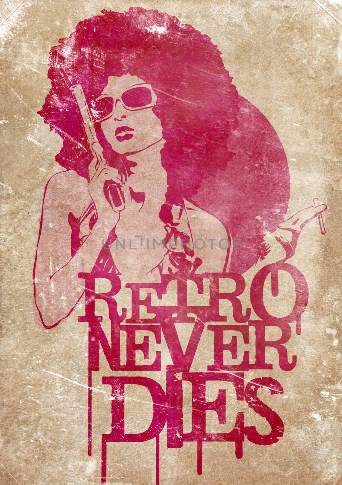 Illustration of a dangerous retro girl holding a gun and a cigarette, on old paper background