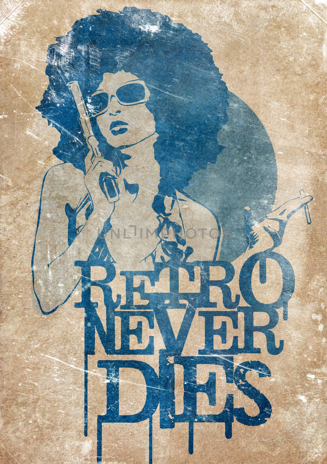 Illustration of a dangerous retro girl holding a gun and a cigarette, on old paper background