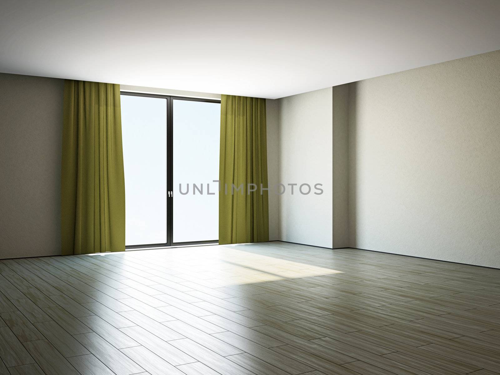 The empty room with big panoramic window