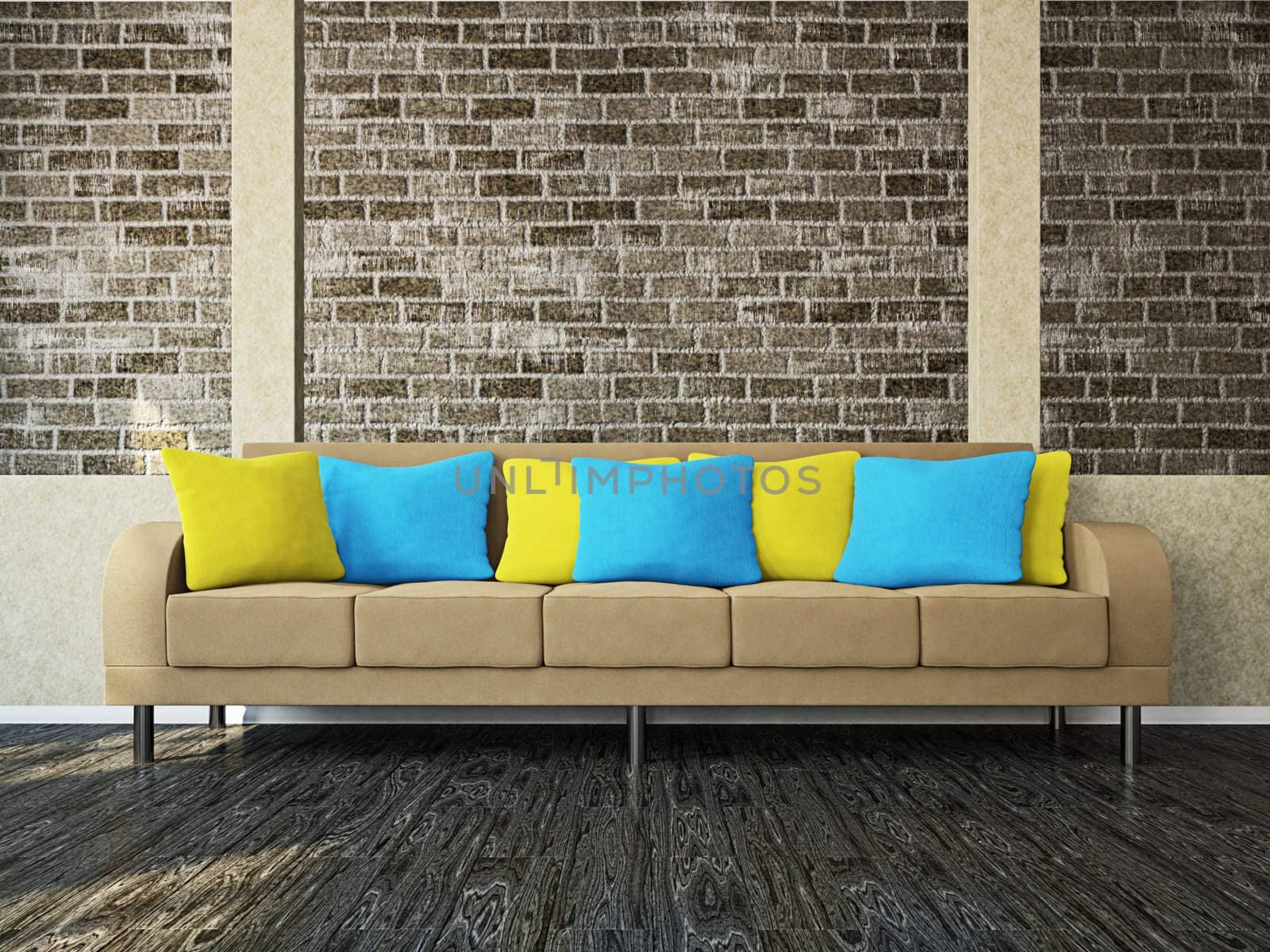 Room with sofa near the brick wall