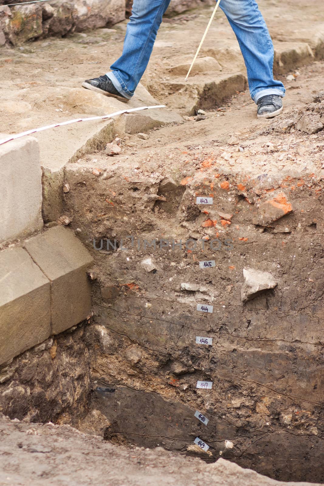 Archaeological study of the base of a wall, medieval period, Moravia