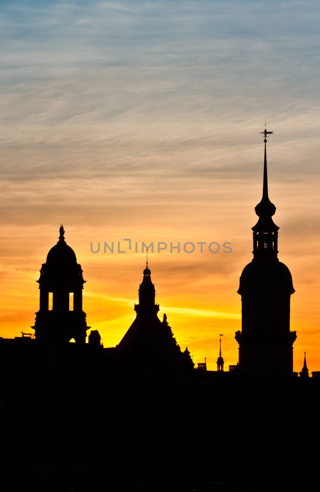 View of a sunset over the steeples of Dresden