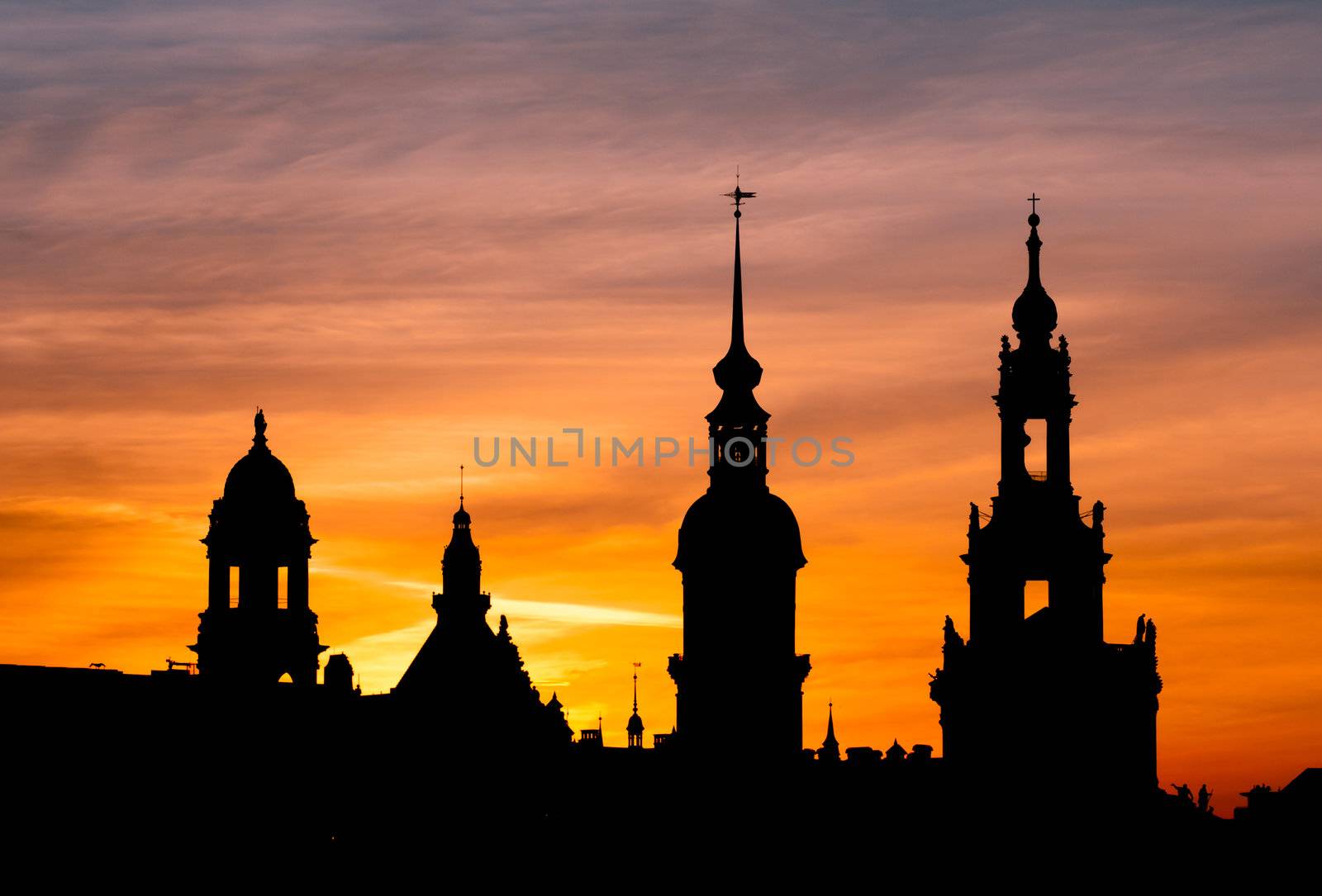 View of a sunset over the steeples of Dresden