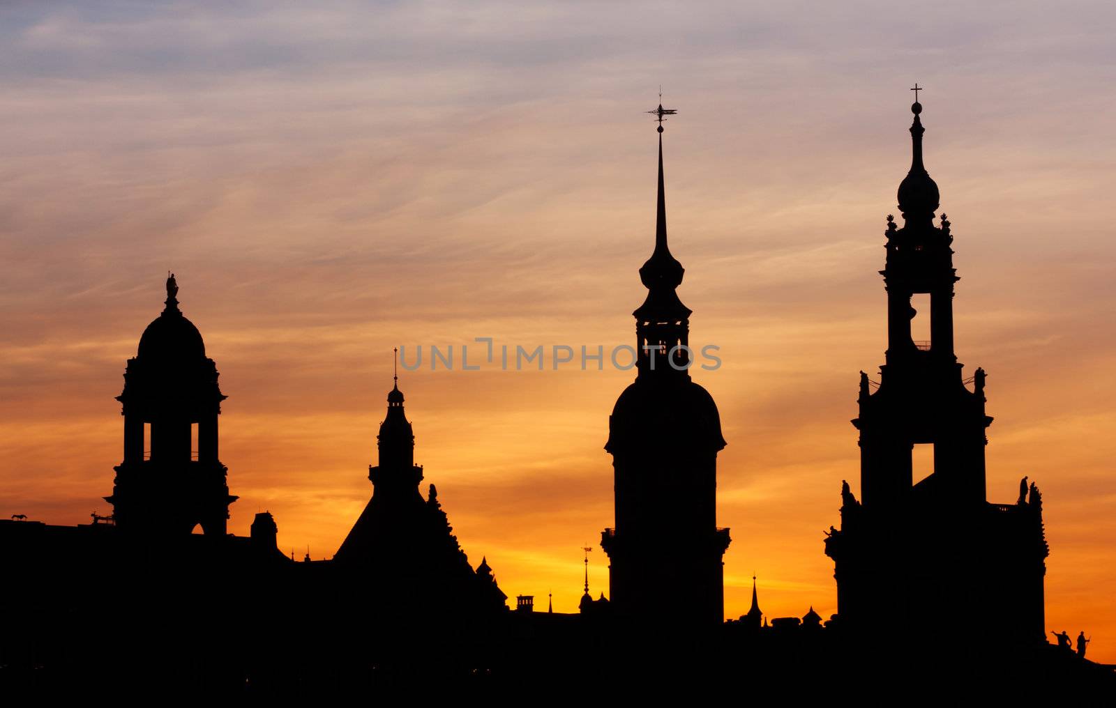 View of a sunset over the steeples of Dresden