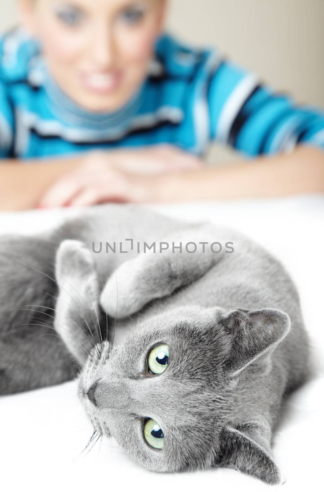 Cat pampering indoors and defocused smiling woman