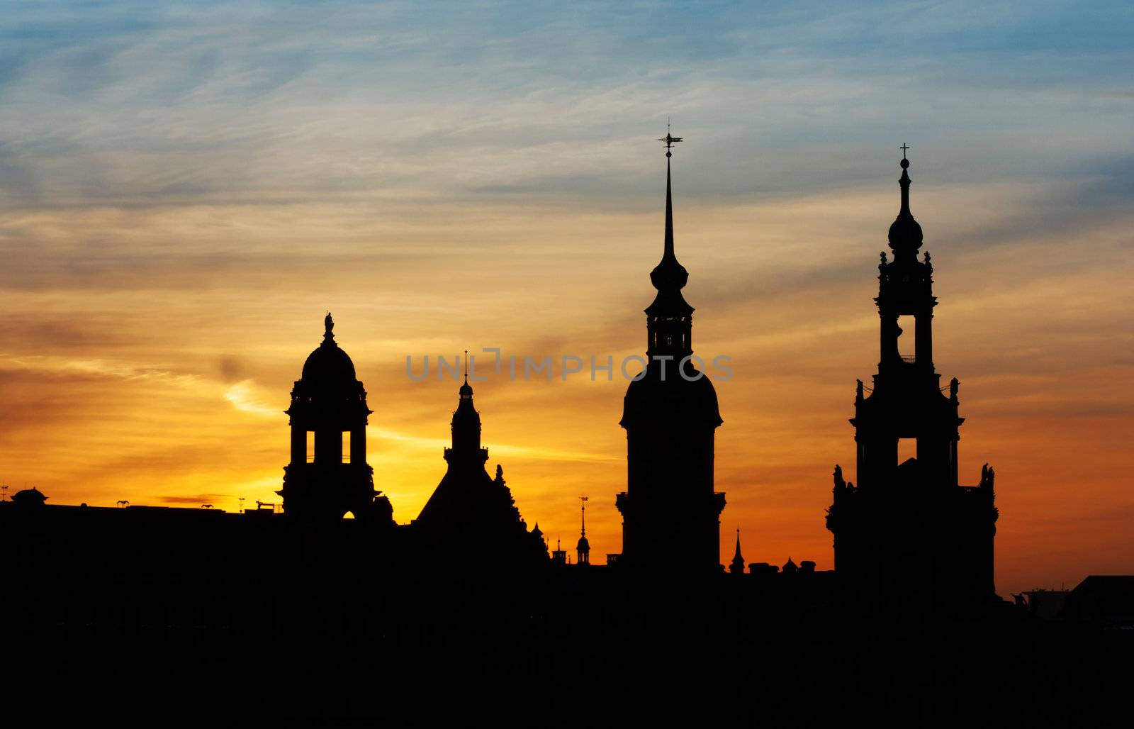 View of a sunset over the steeples of Dresden