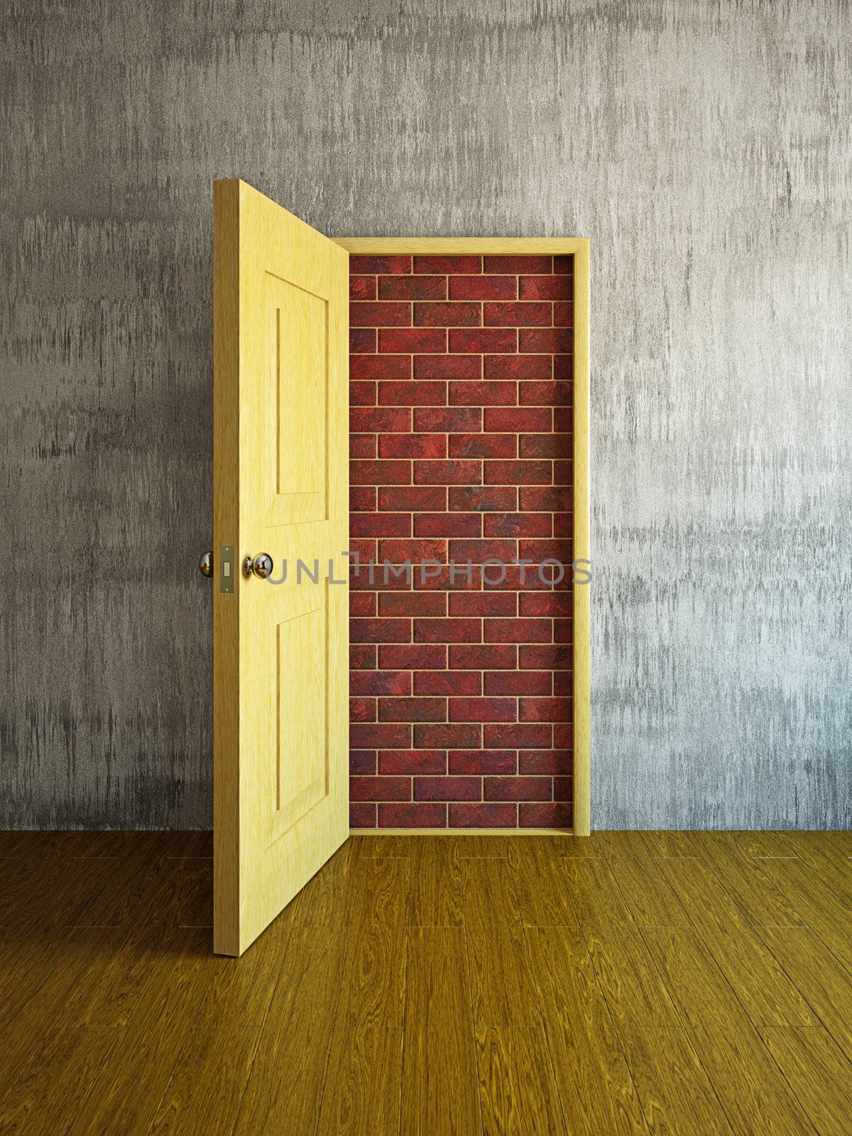 The doorway is closed by a brick wall