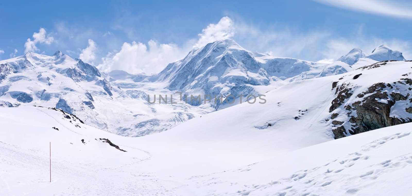 Panorama of Snow Mountain Range Landscape at Matterhorn Alps Alpine Region Switzerland