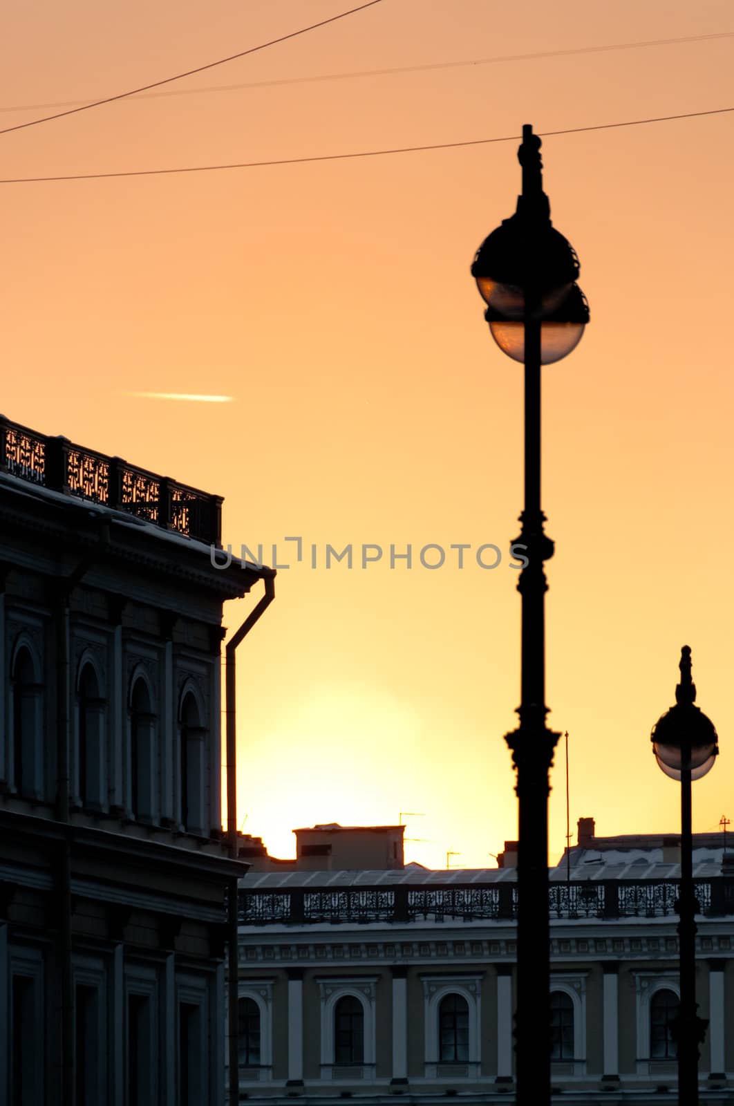 Street sunset with clear sky and lantern on front
